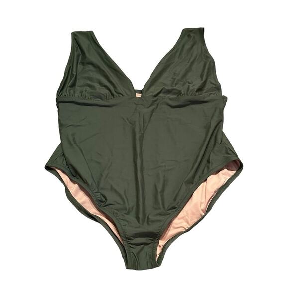 J. Crew V-Neck Plunge One-Piece Swimsuit‎ in Olive Green Sz 24 Plus NEW - Picture 2 of 7